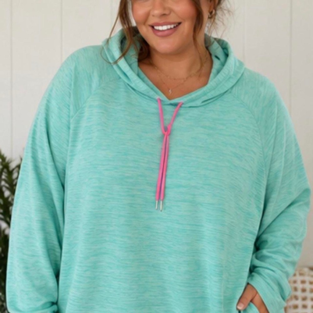 LuLaRoe XXL Aqua Cowl Neck Hoodie Hot Pink Drawstring Pullover Womens Plus Size